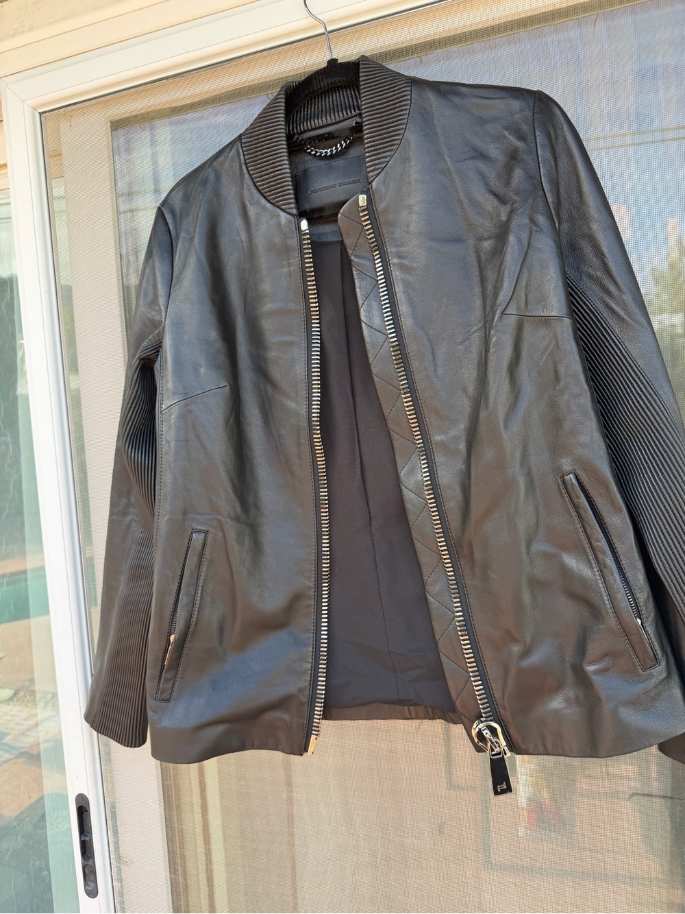 Porsche Design Black Leather Bomber Jacket with Ribbed Sleeves